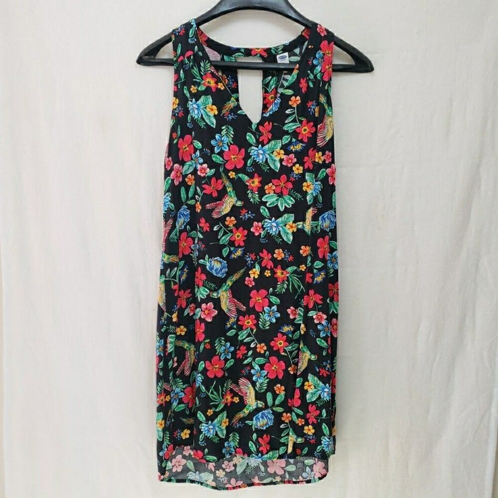 Old Navy Women's Size S Dress Black Floral Parrots Tropical Cruise Vacation